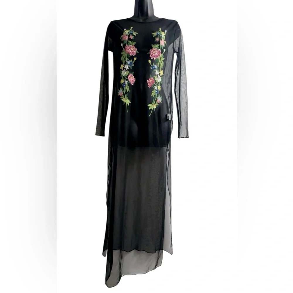 ZARA EMBROIDERED FLORAL TULLE OVERLAY DRESS BLACK SHEER LONG SIZE S FIT M NWOT - Picture 6 of 9